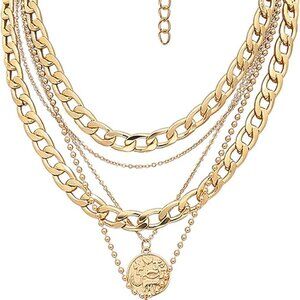 Gold Chunky Chain Choker Necklaces for Women Coin Pendant 5-in-1 Layered